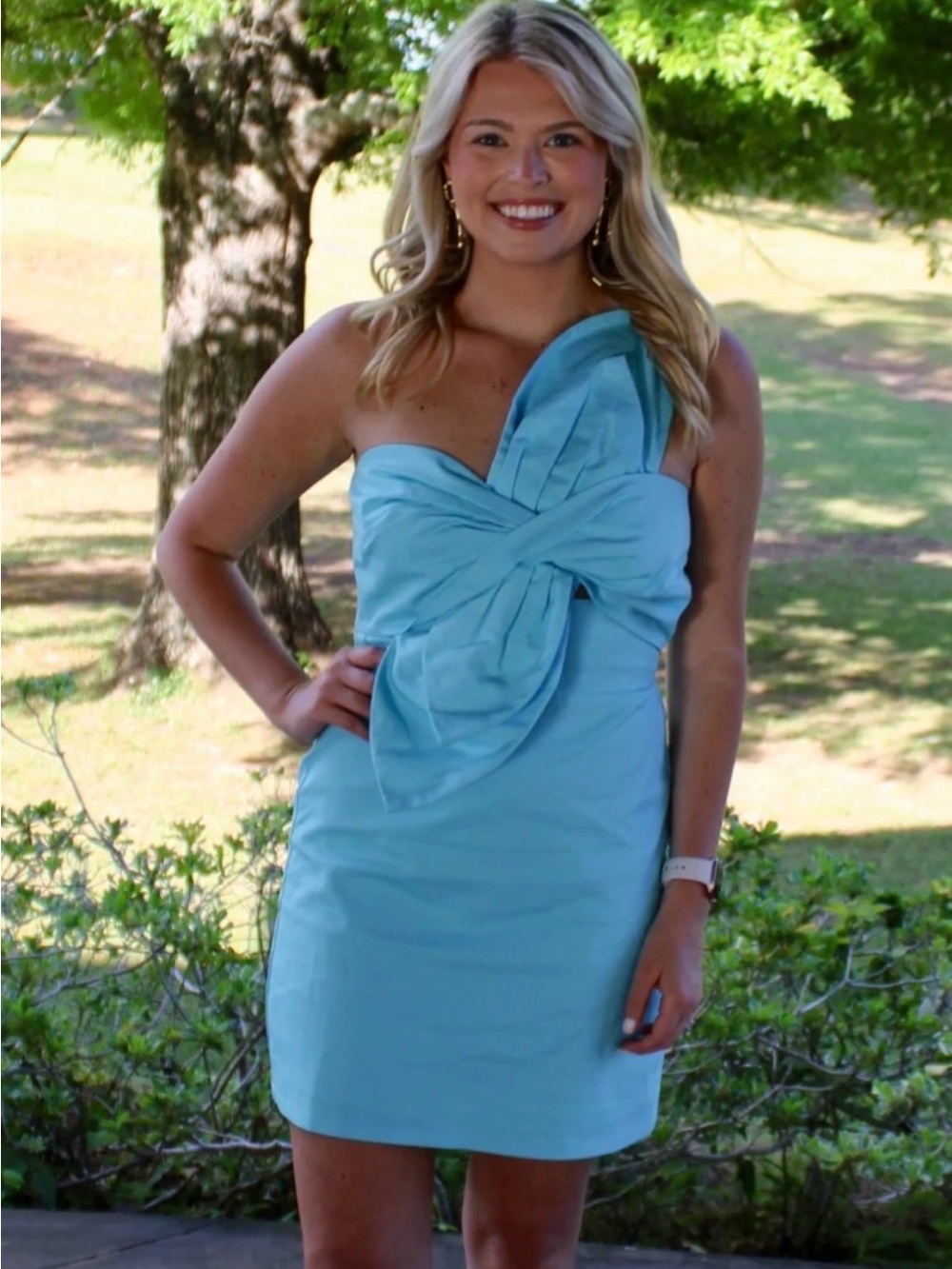 Strapless Mini Dress with Statement Bow in Light Blue